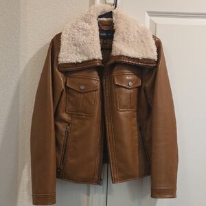 BCBG Paris Tan Bomber Jacket with Cream Collar